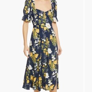 Reformation Dulcie Floral Midi Dress Navy Yellow White Size 0 Tie Waist